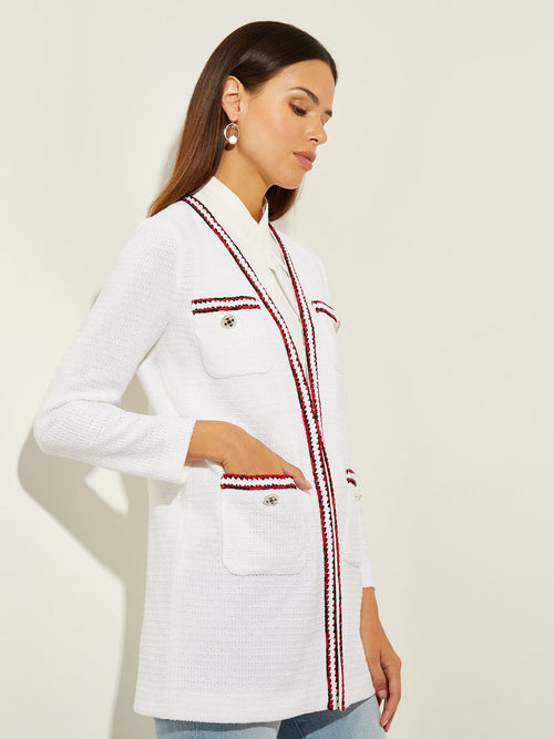 Relaxed Contrast Trim Knit Jacket, White/Sunset Red/Black | Misook