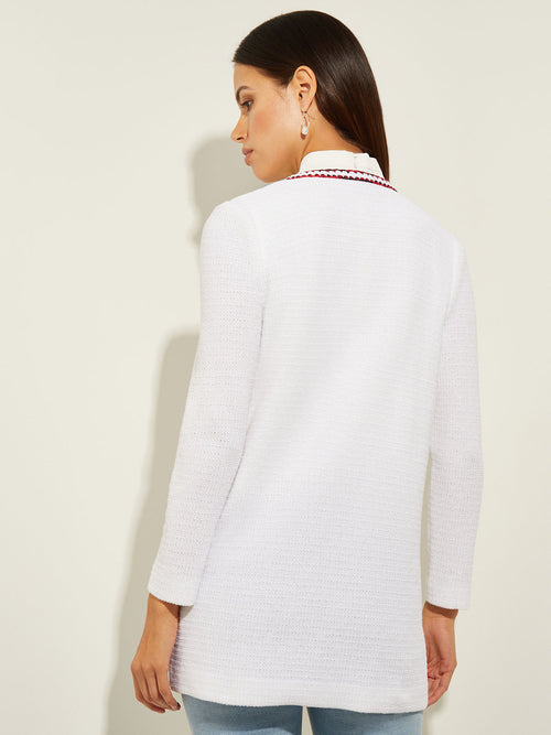 Relaxed Contrast Trim Knit Jacket, White/Sunset Red/Black | Misook