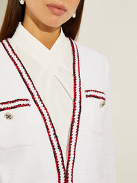 Relaxed Contrast Trim Knit Jacket, White/Sunset Red/Black | Misook Premium Details