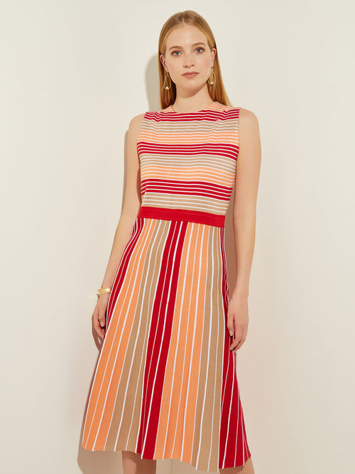 Striped Intarsia Knit Midi Dress, Sand/Sunset Red/Citrus Blossom/White | Misook