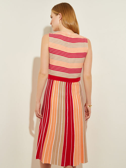 Striped Intarsia Knit Midi Dress, Sand/Sunset Red/Citrus Blossom/White | Misook