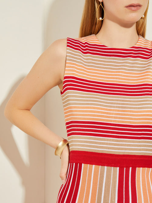 Striped Intarsia Knit Midi Dress, Sand/Sunset Red/Citrus Blossom/White | Misook Premium Details