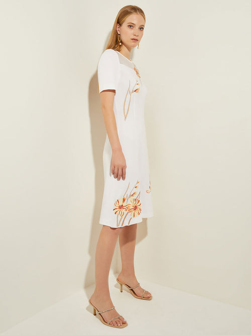 Embroidered Sheer Yoke Soft Knit A-Line Dress, White/Sand/Sunset Red/Citrus Blossom/Pale Gold/Black | Misook