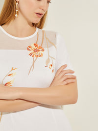 Embroidered Sheer Yoke Soft Knit A-Line Dress, White/Sand/Sunset Red/Citrus Blossom/Pale Gold/Black | Misook Premium Details