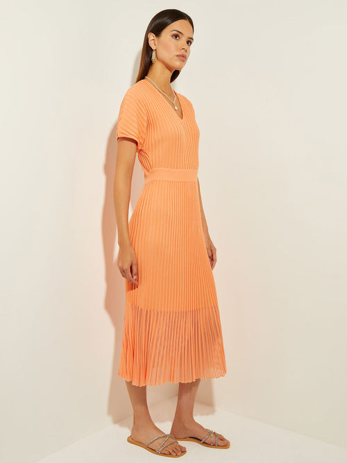 Sheer Hem Soft Ribbed Knit Fit-and-Flare Dress, Citrus Blossom/White | Misook