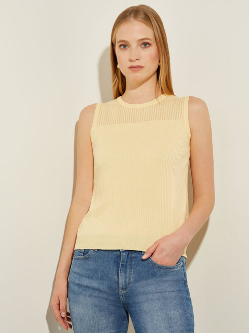 Sheer Yoke Crew Neck Soft Knit Tank Top, Pale Gold | Misook