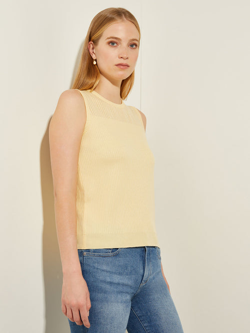 Sheer Yoke Crew Neck Soft Knit Tank Top, Pale Gold | Misook Premium Detials