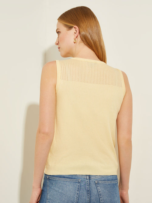 Sheer Yoke Crew Neck Soft Knit Tank Top, Pale Gold | Misook
