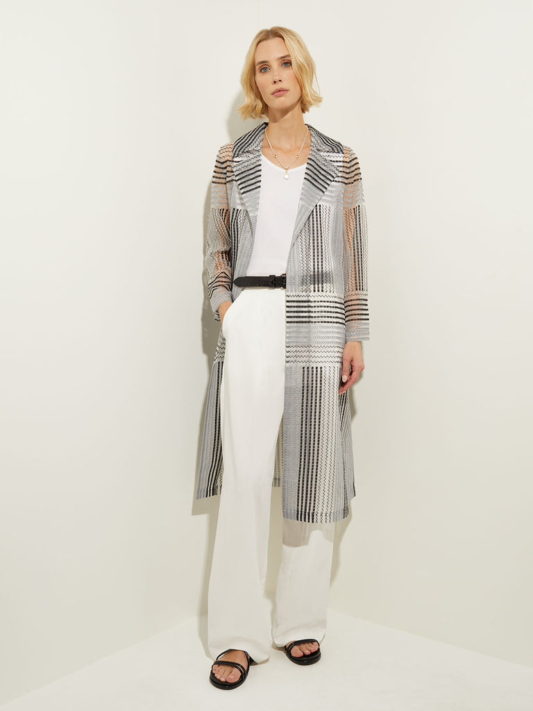 Embroidered Stripe Sheer Organza Duster, Black/White | Misook