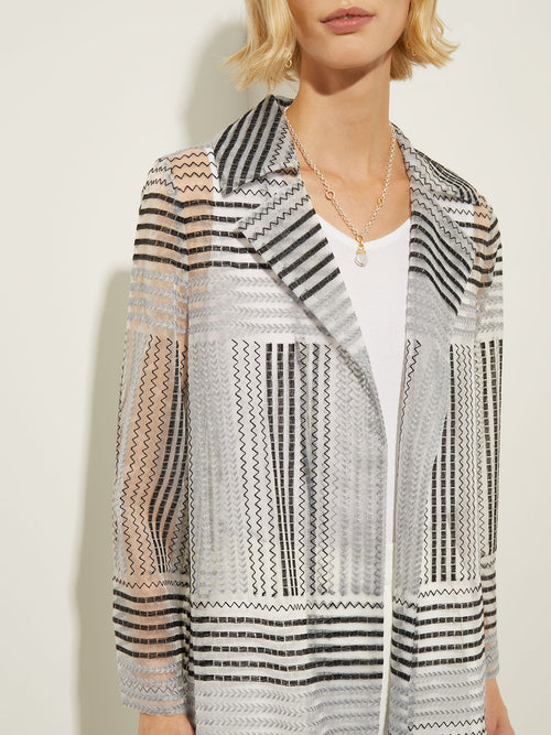 Embroidered Stripe Sheer Organza Duster, Black/White | Misook Premium Details