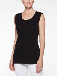 Petite Long Classic Knit Tank Top, Black, Black | Misook