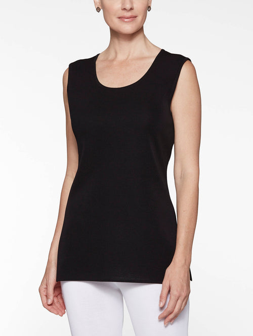 Petite Long Classic Knit Tank Top, Black, Black | Misook
