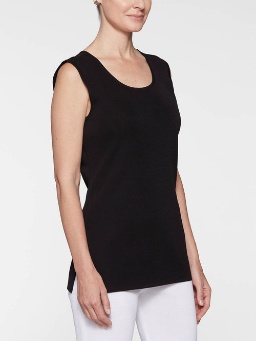 Petite Long Classic Knit Tank Top, Black, Black | Misook