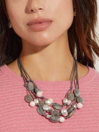 Multi-Cord Pink Opal and Stone Pebble Necklace, Grey/Pink | Misook