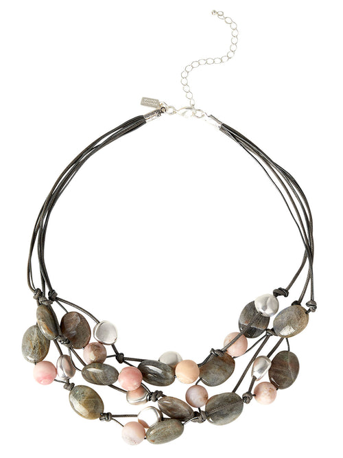 Multi-Cord Pink Opal and Stone Pebble Necklace, Grey/Pink | Misook