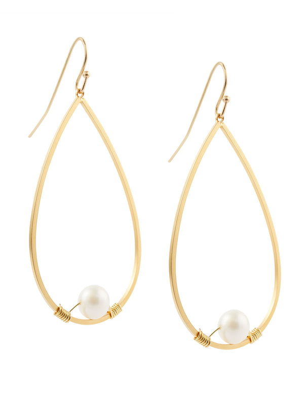 Wire Wrapped Freshwater Pearl Teardrop Earrings, Gold/Pearl | Misook