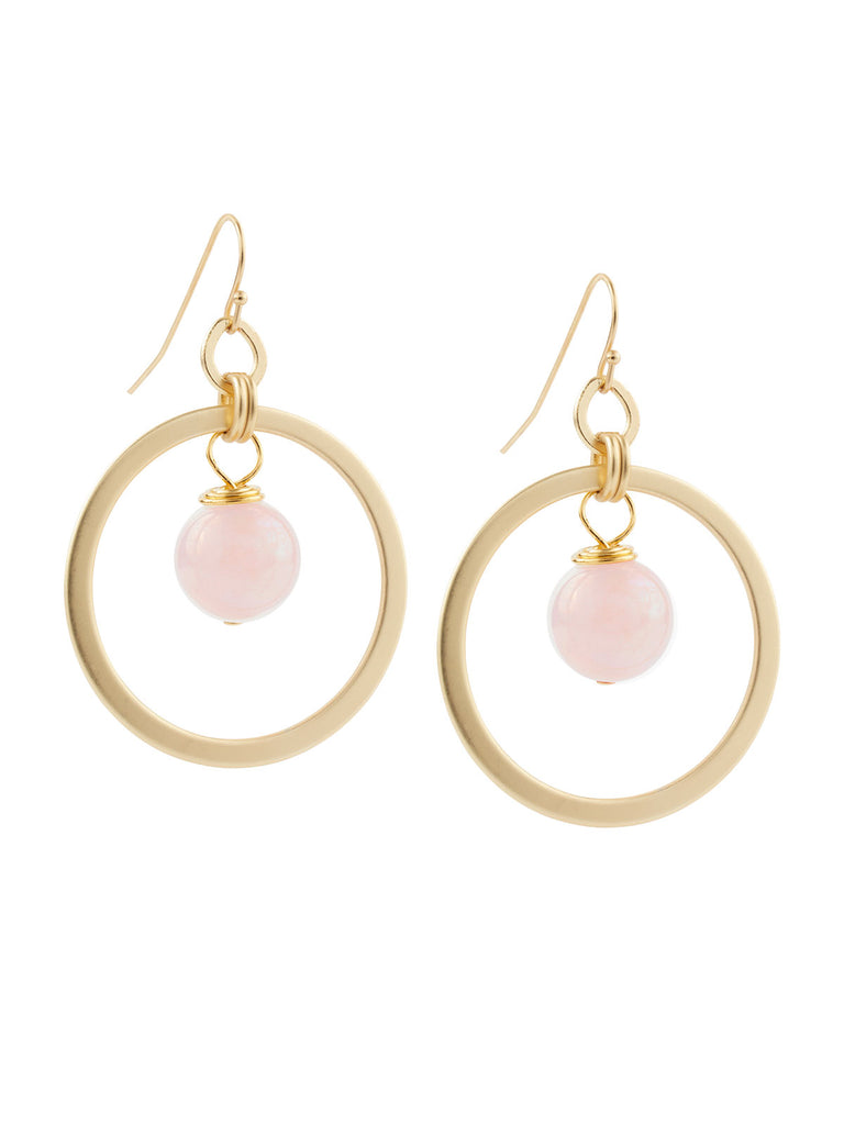 Rose Quartz Ball Gold Hoop Earrings, Gold/Rose | Misook