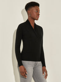 Faux Wrap Cashmere Sweater, Black, Black | Misook